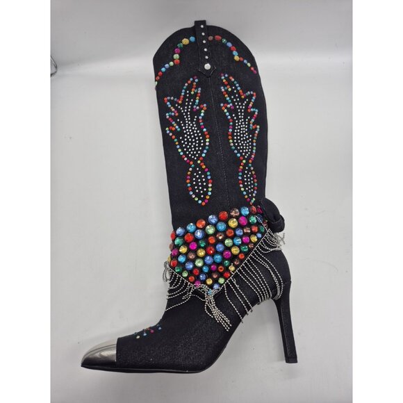 Gianni Bini Women's Boots Size 7 Kaitlin Rhinestone Fringe Denim Cowboy Black - Picture 7 of 14